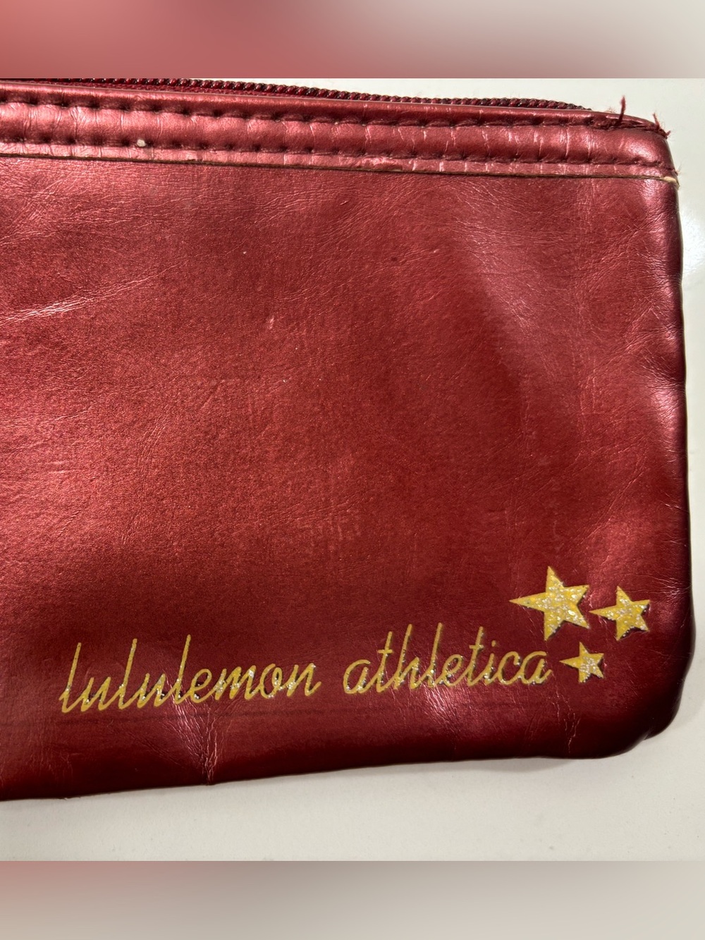 VINTAGE Lululemon Wristlet Wallet, Shiny Metallic Burgundy w Gold Logo 8.5” x 4”